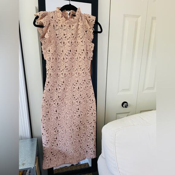 ZARA Lace Floral Sleeveless Ruffle Structured Midi Dress Blush Pink Size Small - Picture 4 of 8